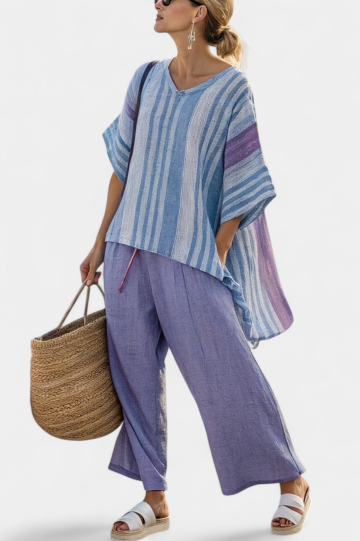 Carlotta – top elegante Lavendel und Himmelblau und Leinenhose