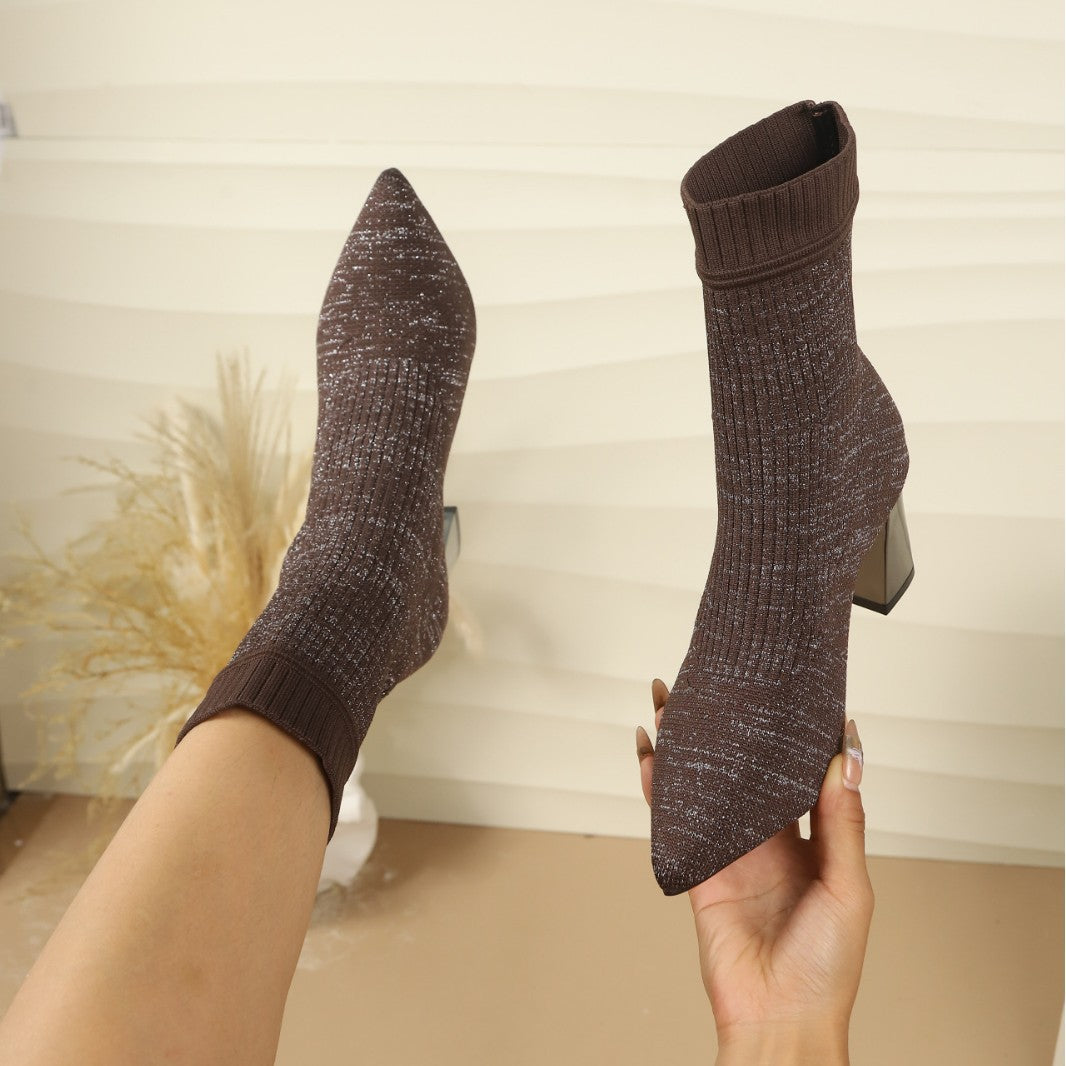 Women’s sock ankle boots with block heels and a ribbed texture