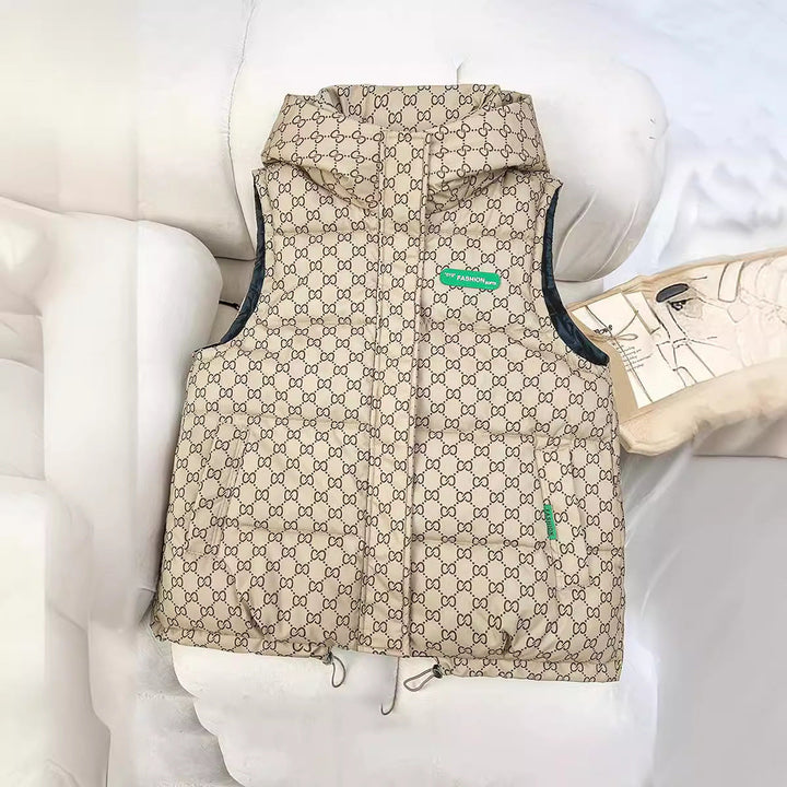 Women's quilted hooded vest with all-over logo print, padded insulation, and adjustable hem