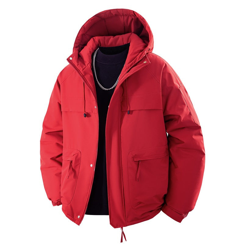 Men’s padded hooded parka with a high stand-up collar and adjustable drawstring