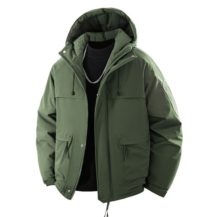 Men’s padded hooded parka with a high stand-up collar and adjustable drawstring
