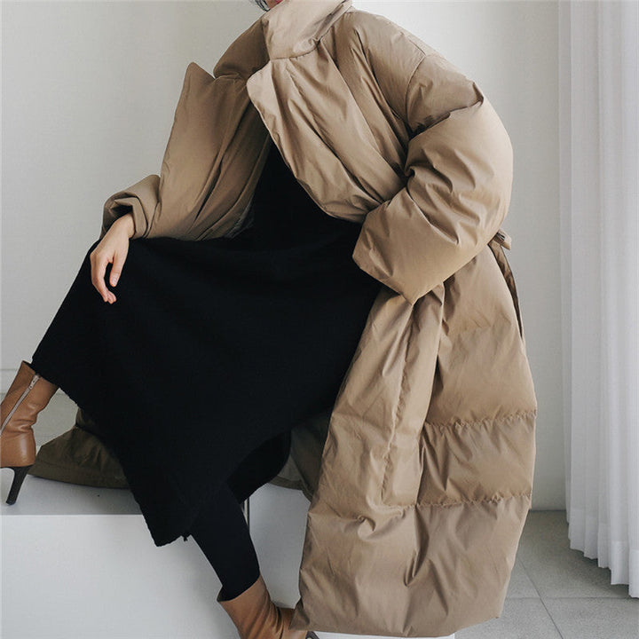 Damen Maxi-Steppmantel mit hohem Stehkragen und winddichter Wattierung