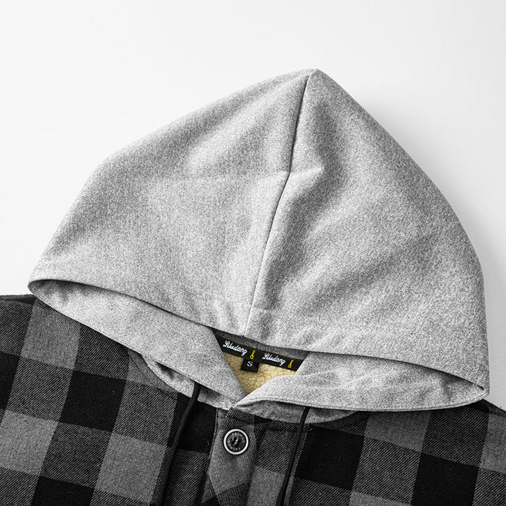 Men’s checkered overshirt with hood, chest pocket, and snap-button closure