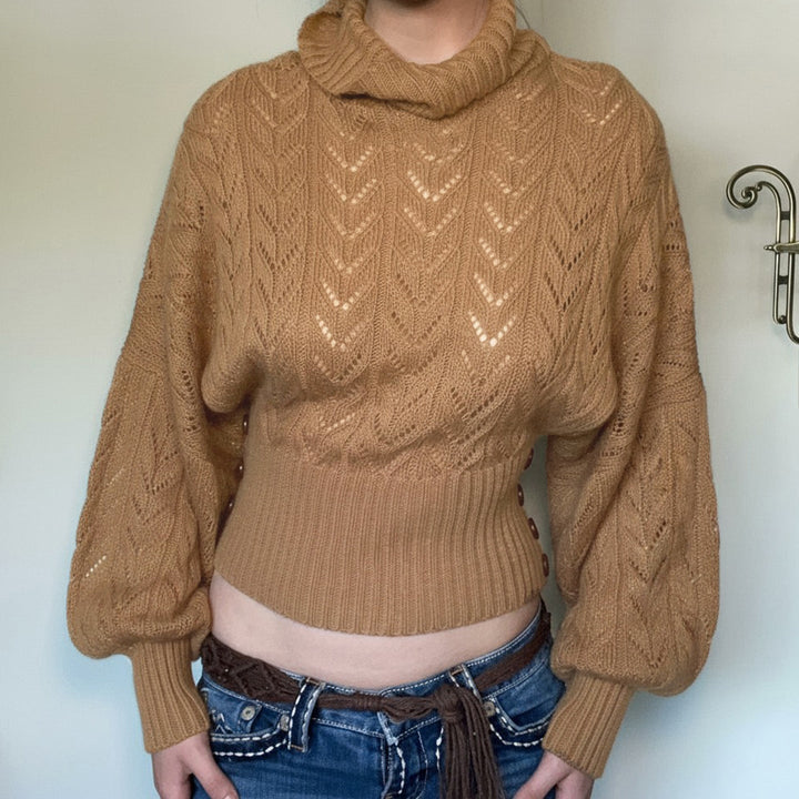 Suéter corto de cuello alto y manga larga para mujer, con botones