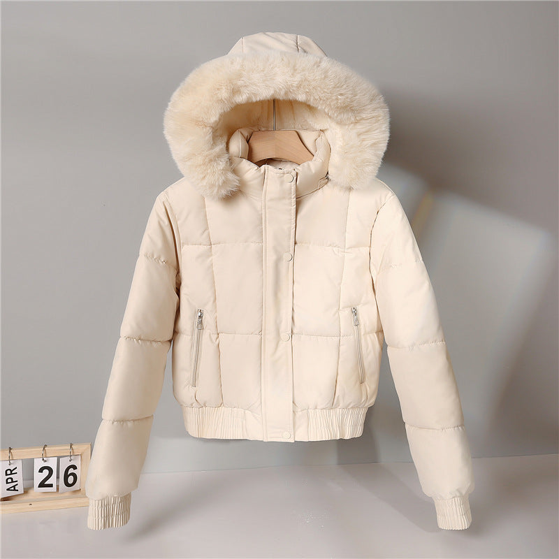 Damen kurzer isolierender Kapuzenblouson mit Pelzkragenblende und elastischem Rippsaum