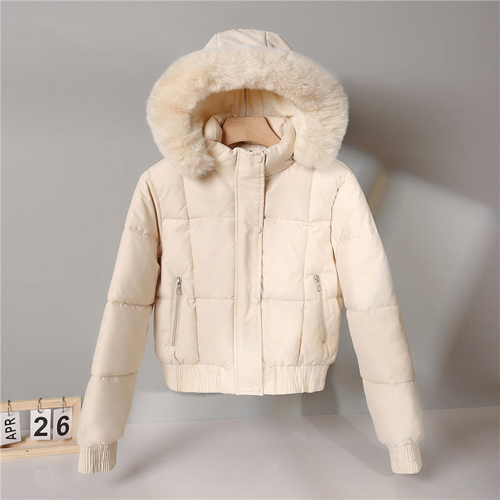 Damen kurzer isolierender Kapuzenblouson mit Pelzkragenblende und elastischem Rippsaum