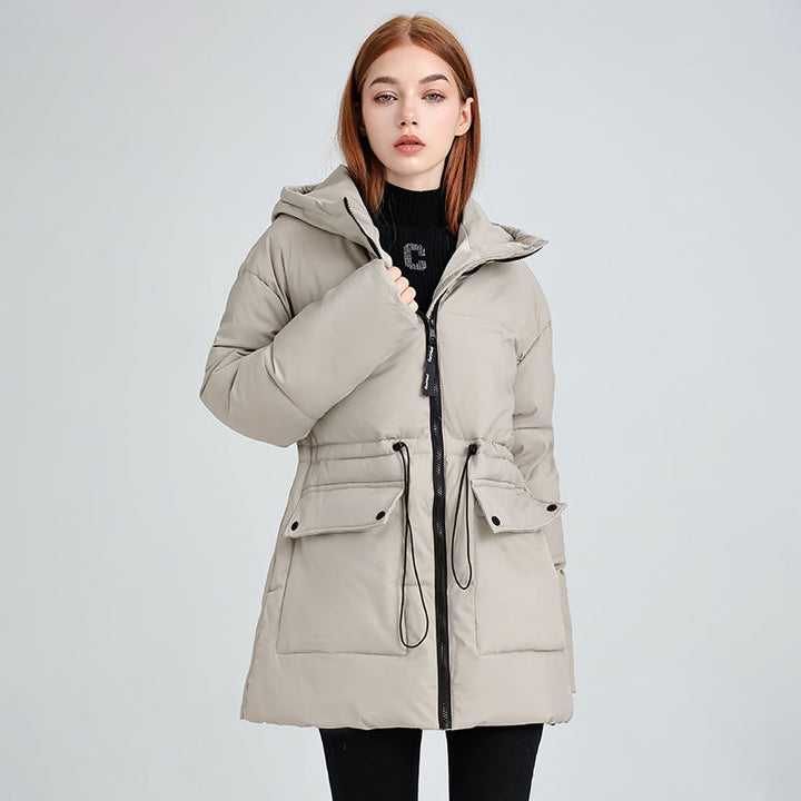 Damen mittellanger Thermoparka mit taillierendem Tunnelzug und Kapuze