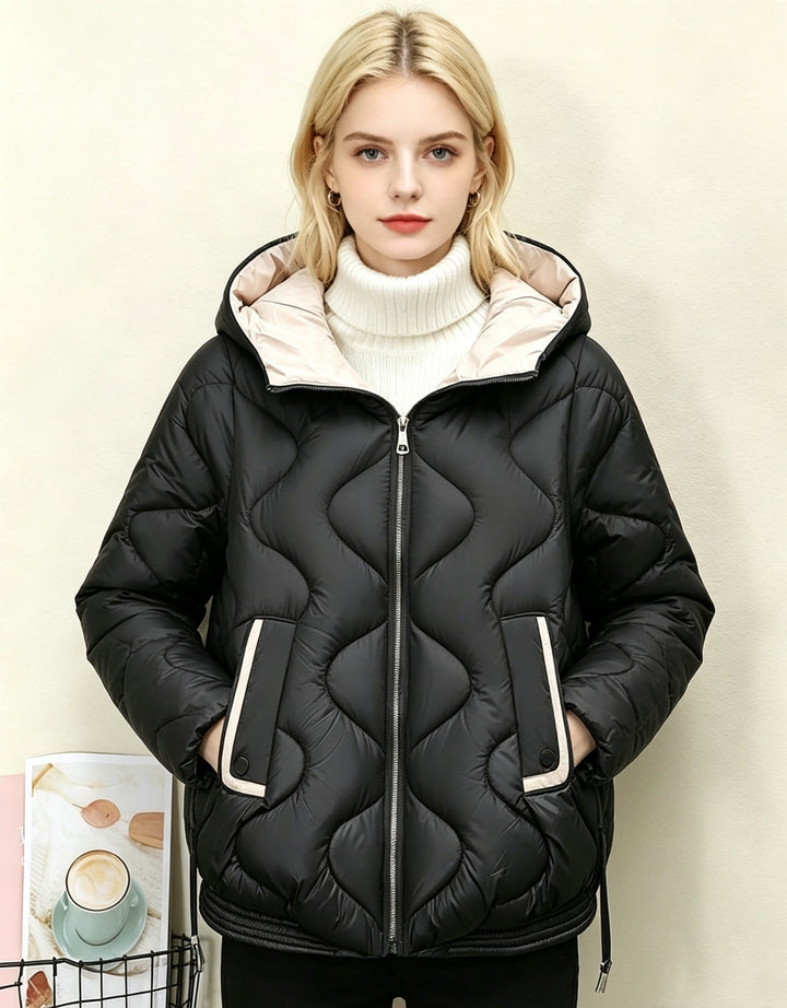Damen wattierte Kurzjacke mit Herzsteppung, abgerundetem Saum und Kapuze