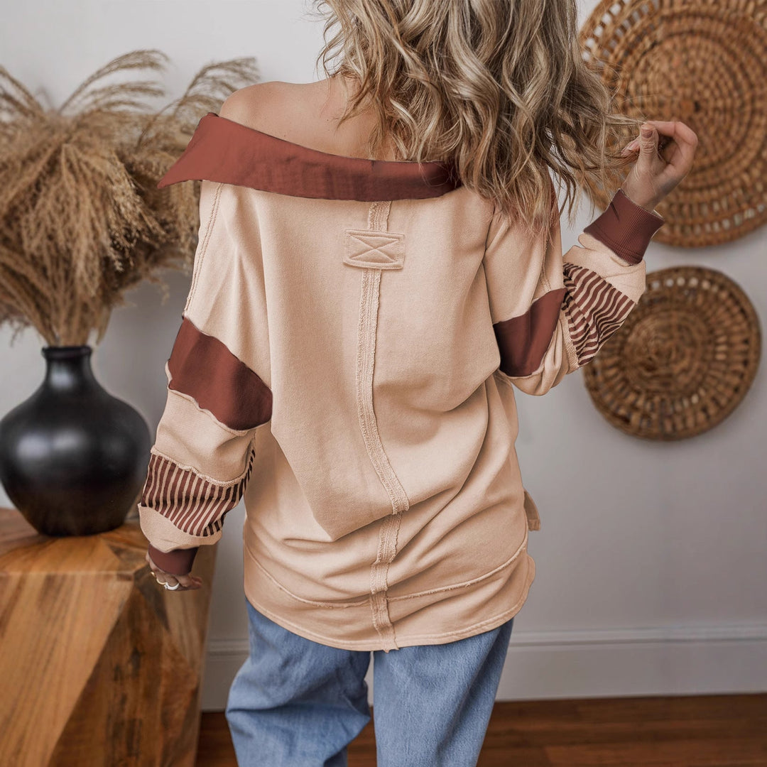 Damen Oversized V-Ausschnitt Gestreifter Sweatshirt
