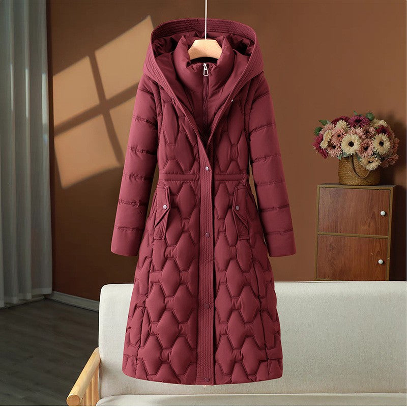 Casaco de inverno comprido acolchoado para senhora, com capuz e silhueta cintada
