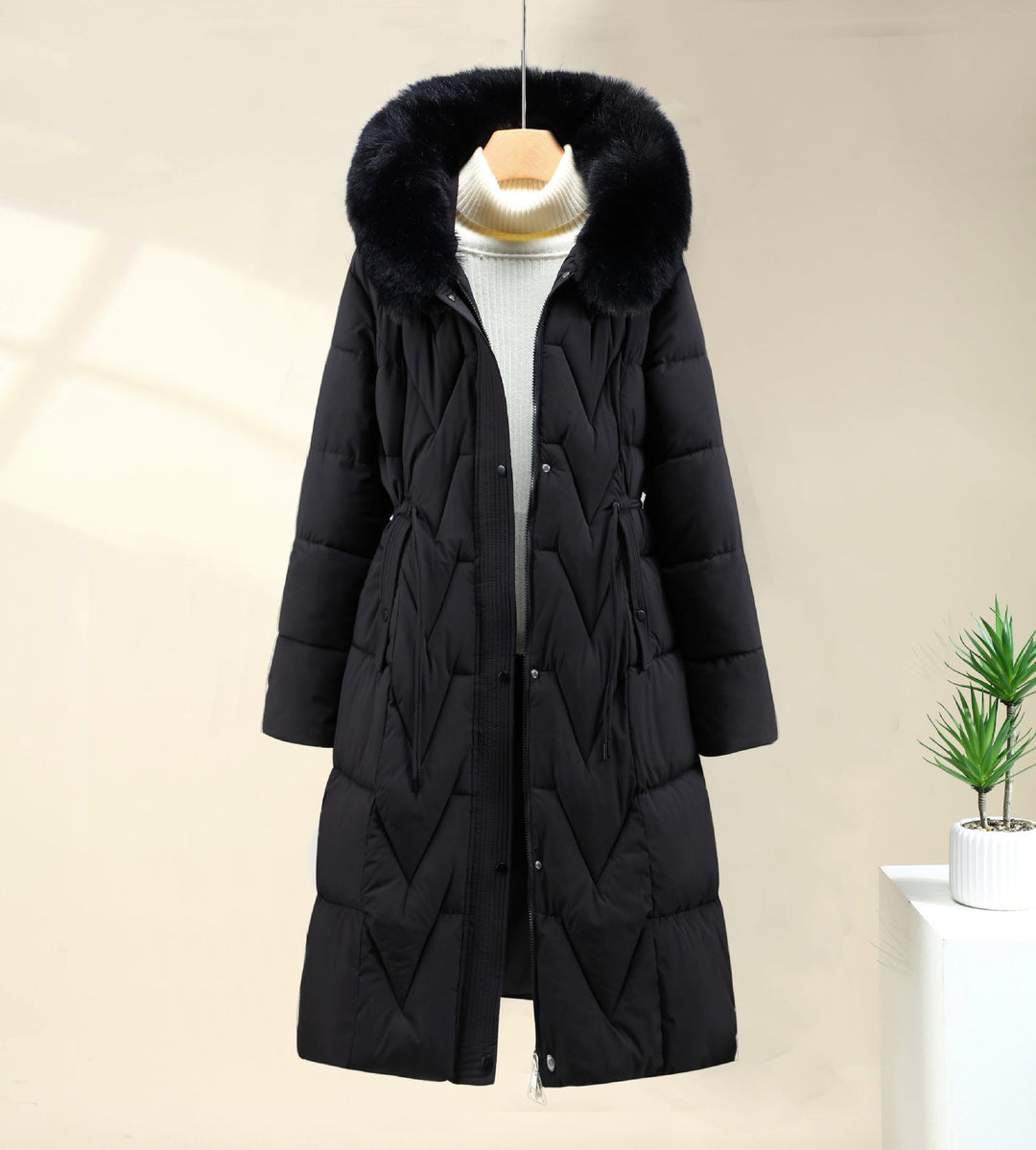 Damen langer gesteppter Parka mit Kunstfellkapuze und Kordelzug