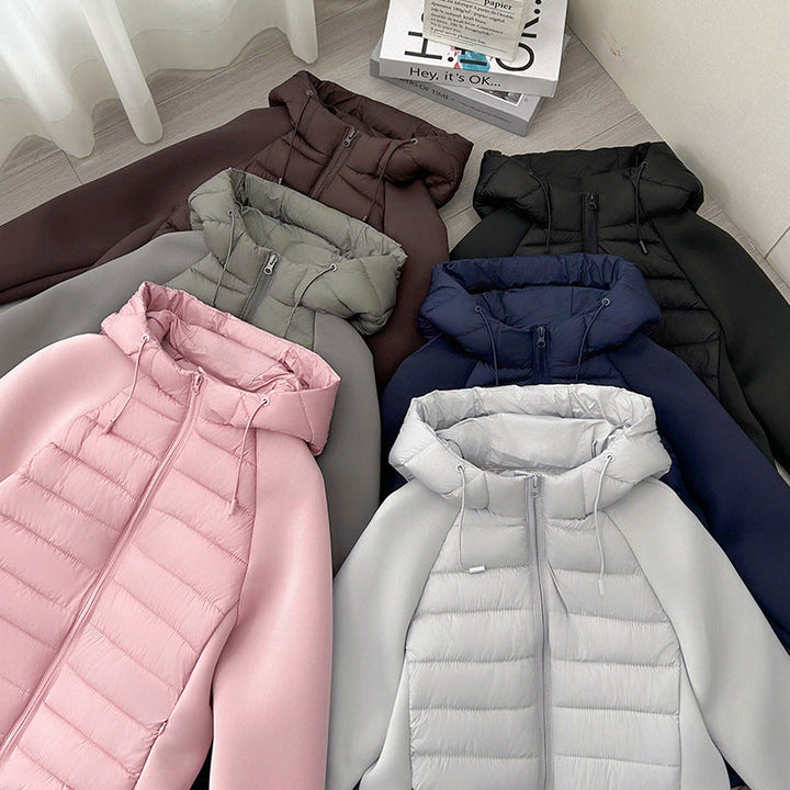 Damen leichte Hybrid-Steppjacke mit Kapuze und elastischen Ärmelpaneelen
