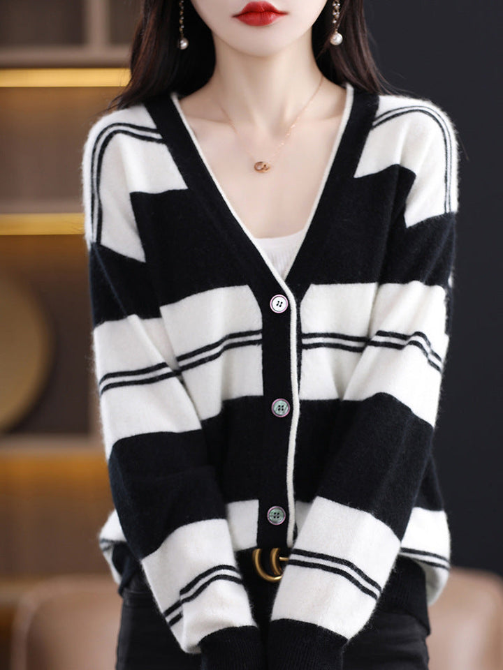 Cardigan midi da donna a blocchi di colore, con scollo a V e maniche lunghe