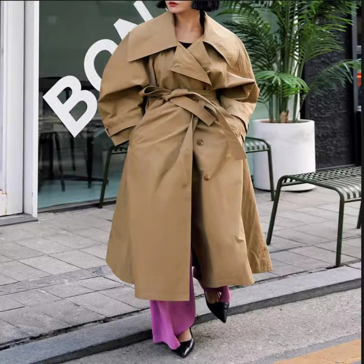 Damen Oversize-Trenchcoat mit Wasserfallkragen und Bindegürtel