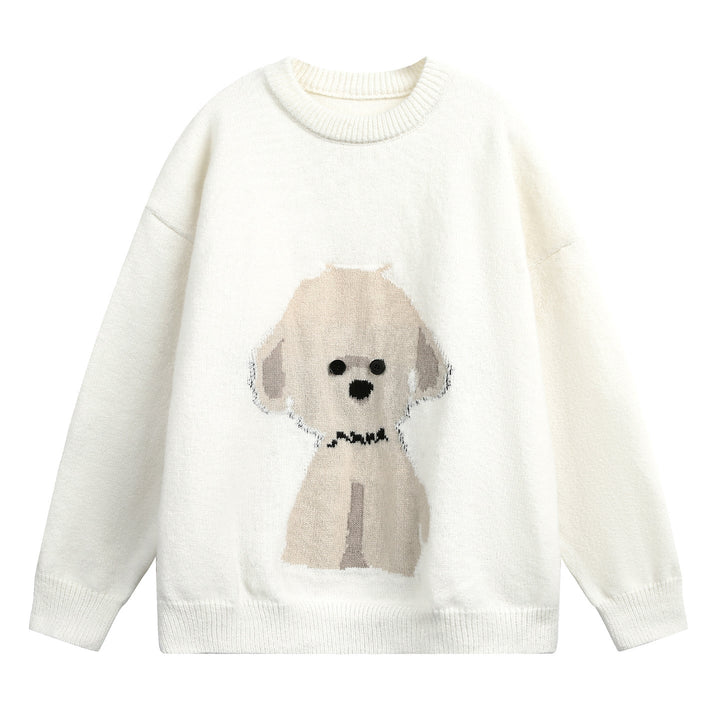 Damen Oversized Rundhals Pullover mit Hundemotiv