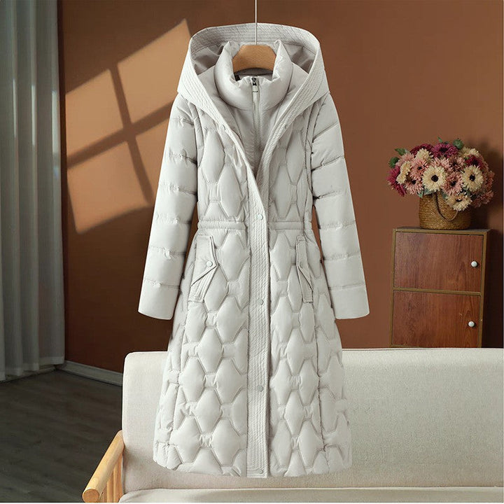 Casaco de inverno comprido acolchoado para senhora, com capuz e silhueta cintada