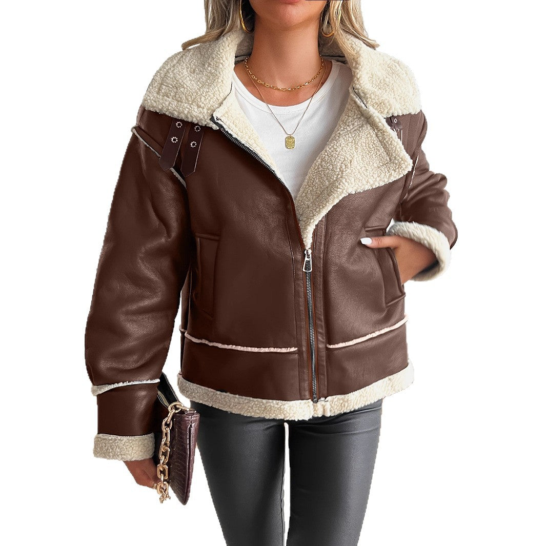 Damen Kunstlederjacke mit Teddyfutter und Reißverschluss