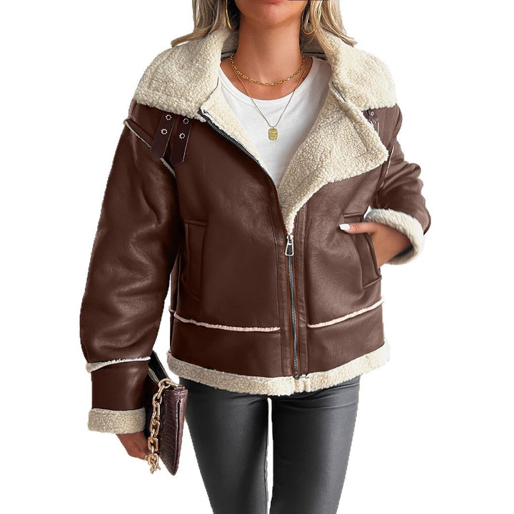 Damen Kunstlederjacke mit Teddyfutter und Reißverschluss
