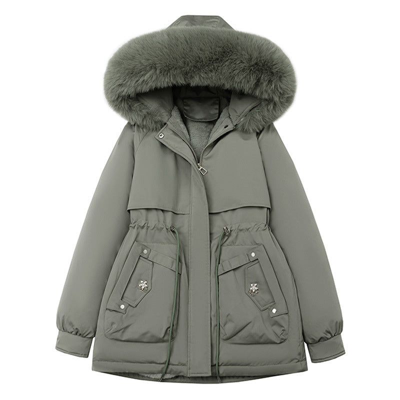 Cappotto corto da donna, sportivo e urbano, con cappuccio in pelliccia sintetica e coulisse