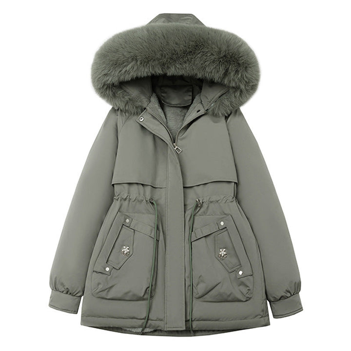 Cappotto corto da donna, sportivo e urbano, con cappuccio in pelliccia sintetica e coulisse