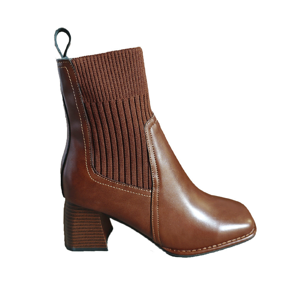 Damen Schlupf-Stiefeletten mit Blockabsatz und Strickschaft