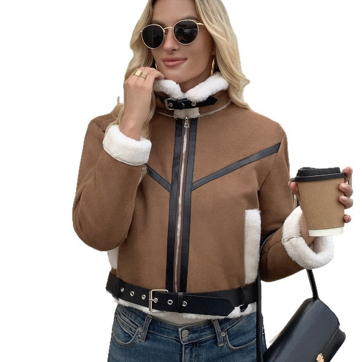 Damen Teddyfelljacke mit Kragen und praktischen Taschen