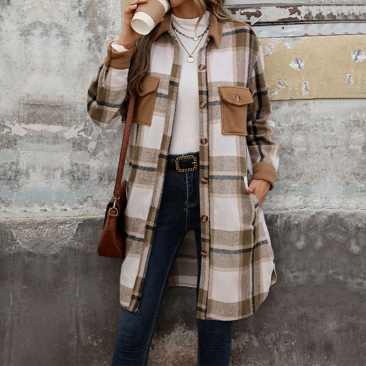 Damen Hemdjacke mit Karomuster, Taschen und Knöpfen, Langarm