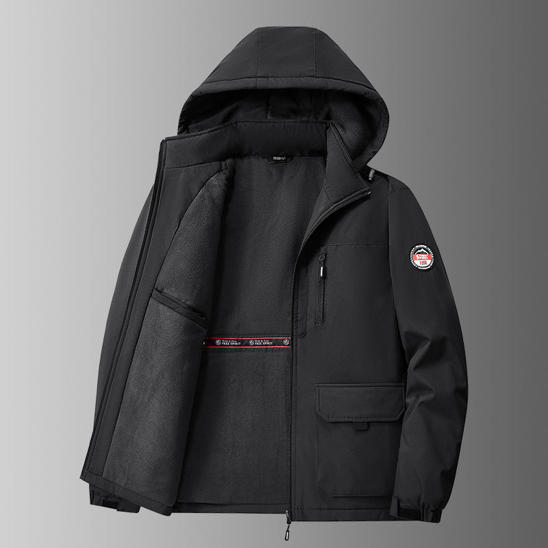 Herren gefütterte Softshell-Winterjacke mit Kapuze und multifunktionalen Taschen