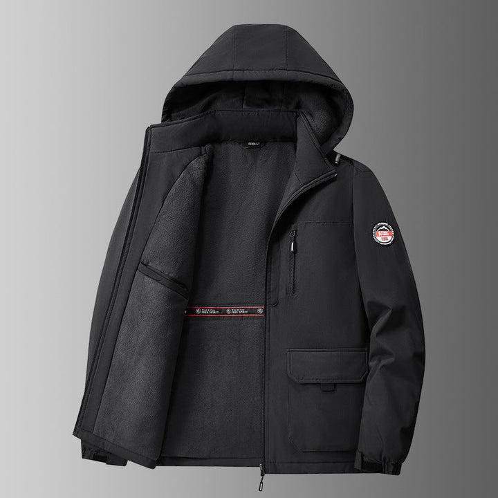 Herren gefütterte Softshell-Winterjacke mit Kapuze und multifunktionalen Taschen