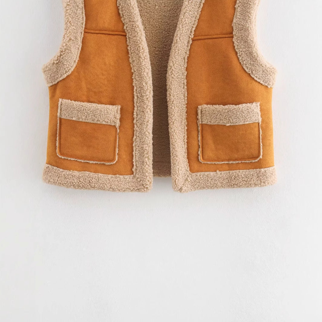 Damen Teddy-Weste mit Taschen und hohem Kragen
