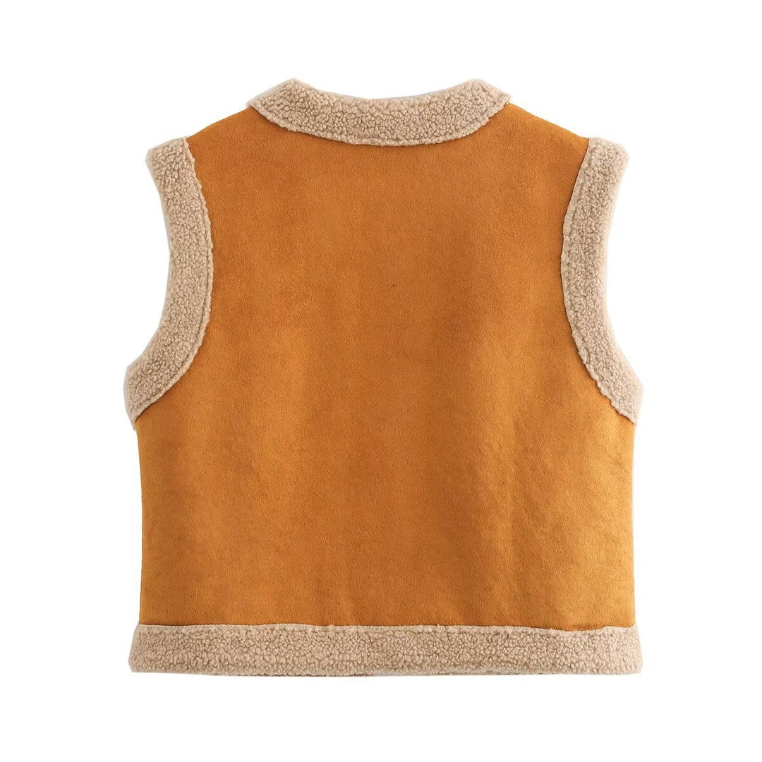 Damen Teddy-Weste mit Taschen und hohem Kragen