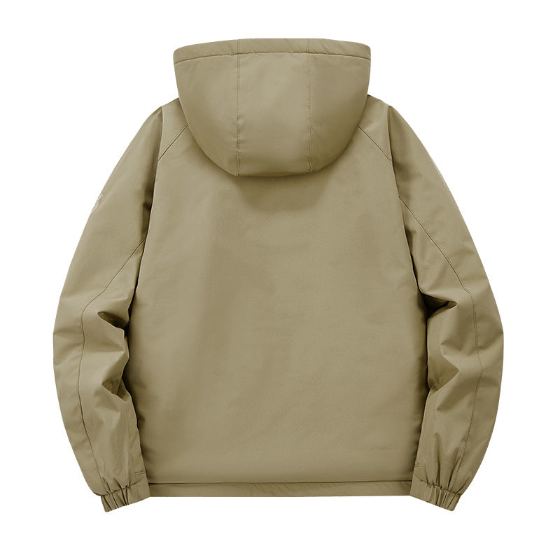 Men’s softshell tactical jacket with concealed hood and chest pocket