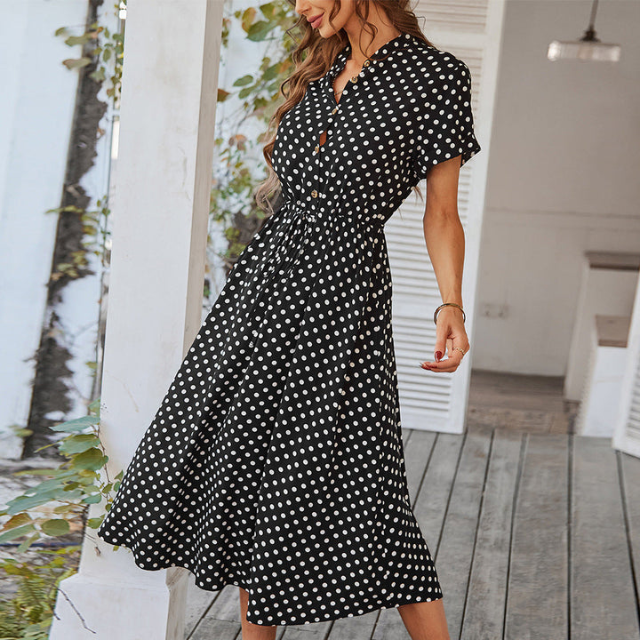 Damen Midi-Kleid mit Punkten, Knöpfen und Bindegürtel