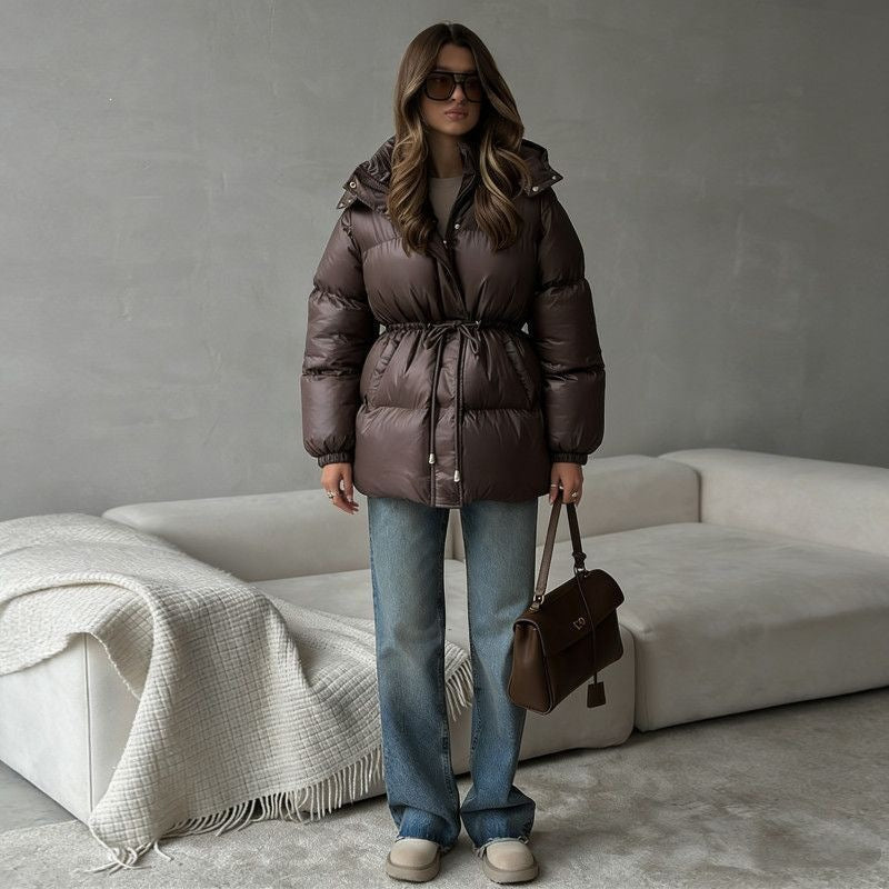 Damen Kapuzenjacke mit anpassbarem Taillenzug und glänzendem Finish