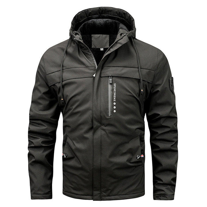 Miesten vuorellinen softshell-takki, jossa on huppu ja rintatasku
