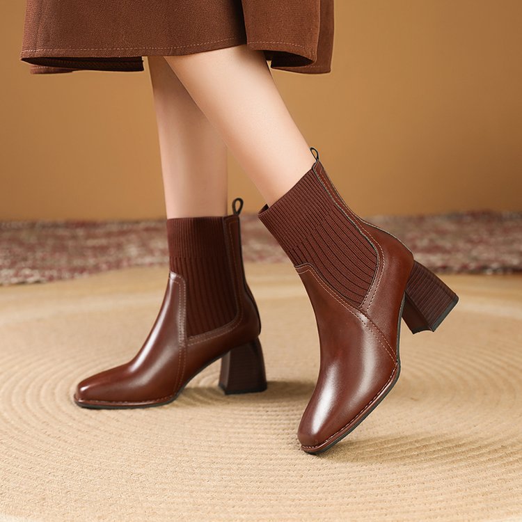 Damen Chunky Stiefeletten mit Strick-Einsatz und robustem Absatz