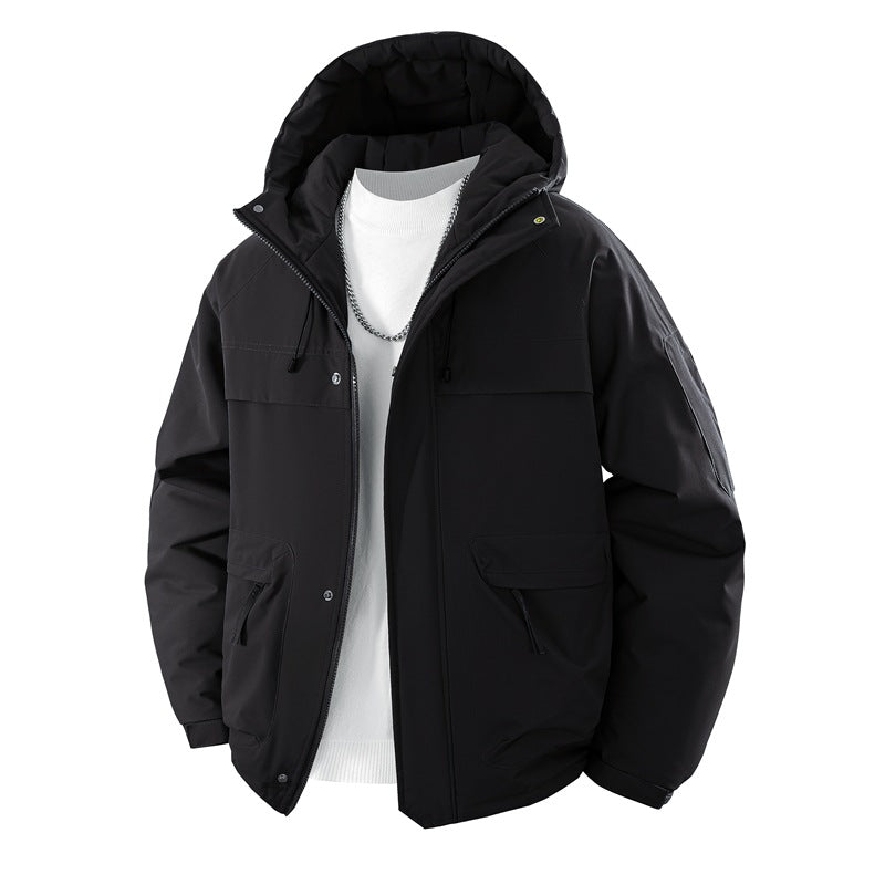 Men’s padded hooded parka with a high stand-up collar and adjustable drawstring