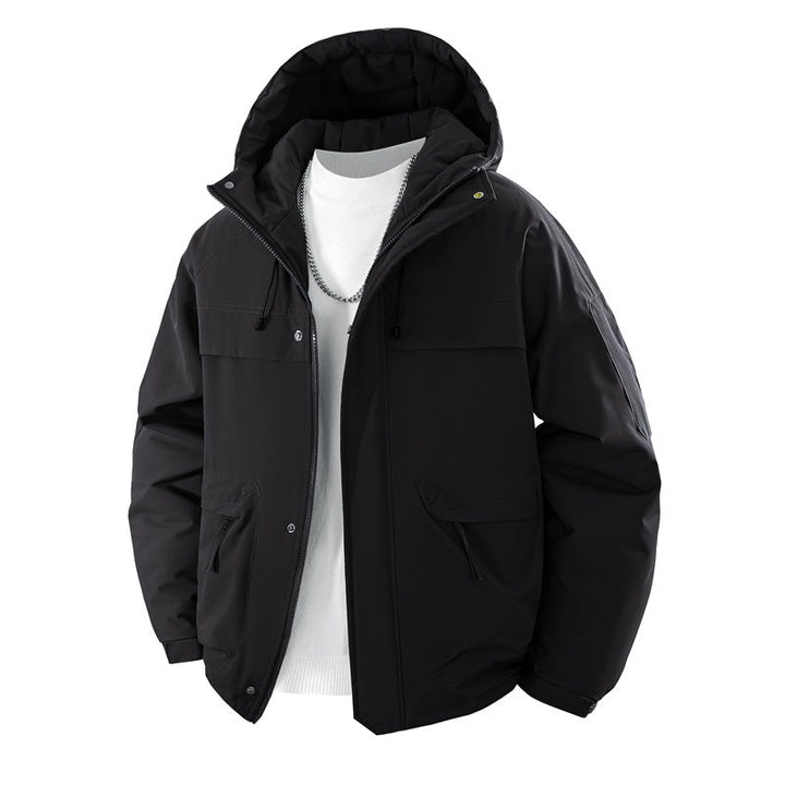 Men’s padded hooded parka with a high stand-up collar and adjustable drawstring