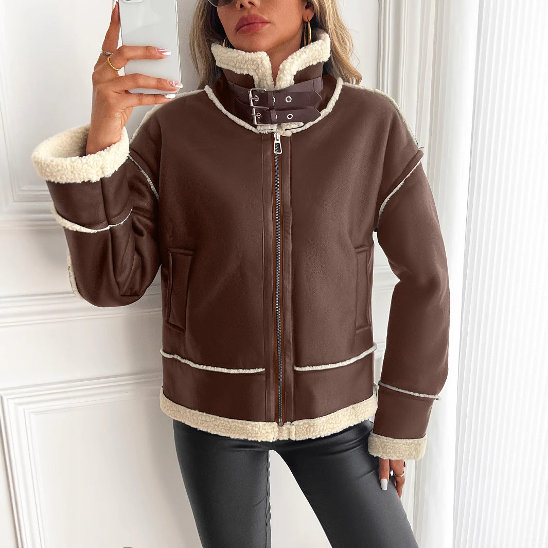 Damen Kunstlederjacke mit Teddyfutter und Reißverschluss