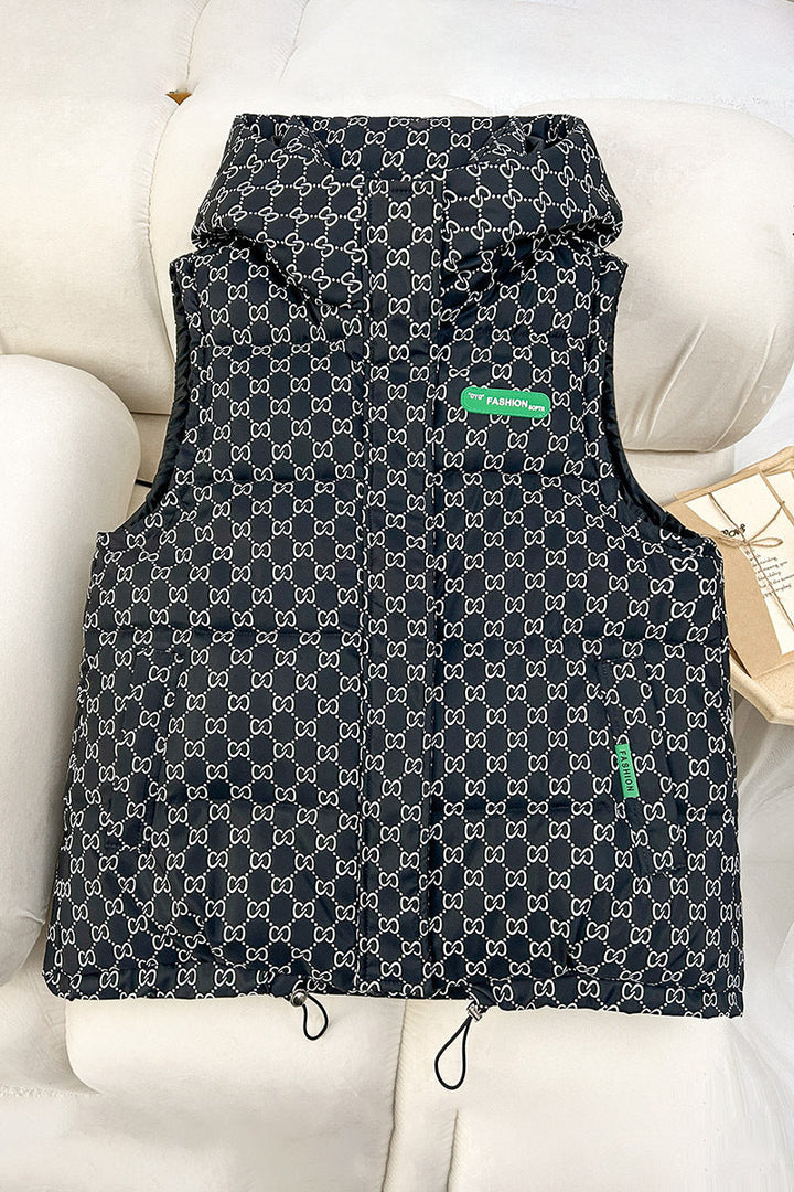 Women's quilted hooded vest with all-over logo print, padded insulation, and adjustable hem