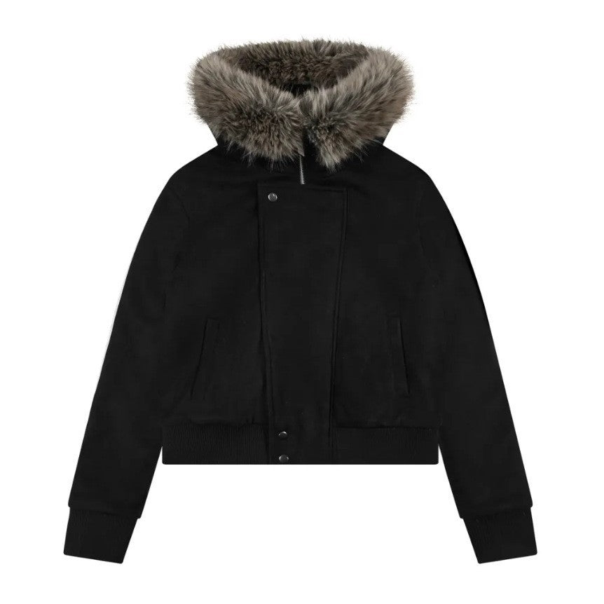Damen kurze Bomberjacke mit voluminöser Kapuze und Daumenlochbündchen