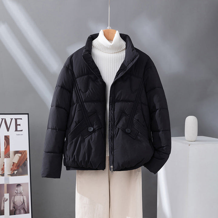 Women's short quilted blouson jacket with a high collar and flap pockets