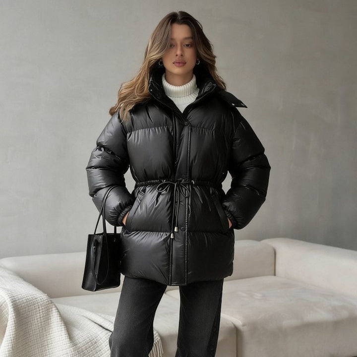 Damen Kapuzenjacke mit anpassbarem Taillenzug und glänzendem Finish