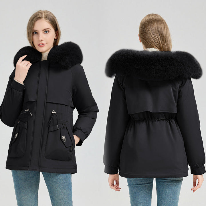 Cappotto corto da donna, sportivo e urbano, con cappuccio in pelliccia sintetica e coulisse