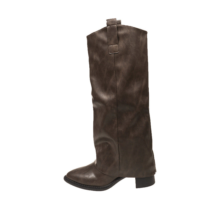 Damen Hochfront-Stiefel mit mittlerem Blockabsatz und modischem Schlupf-Schaft