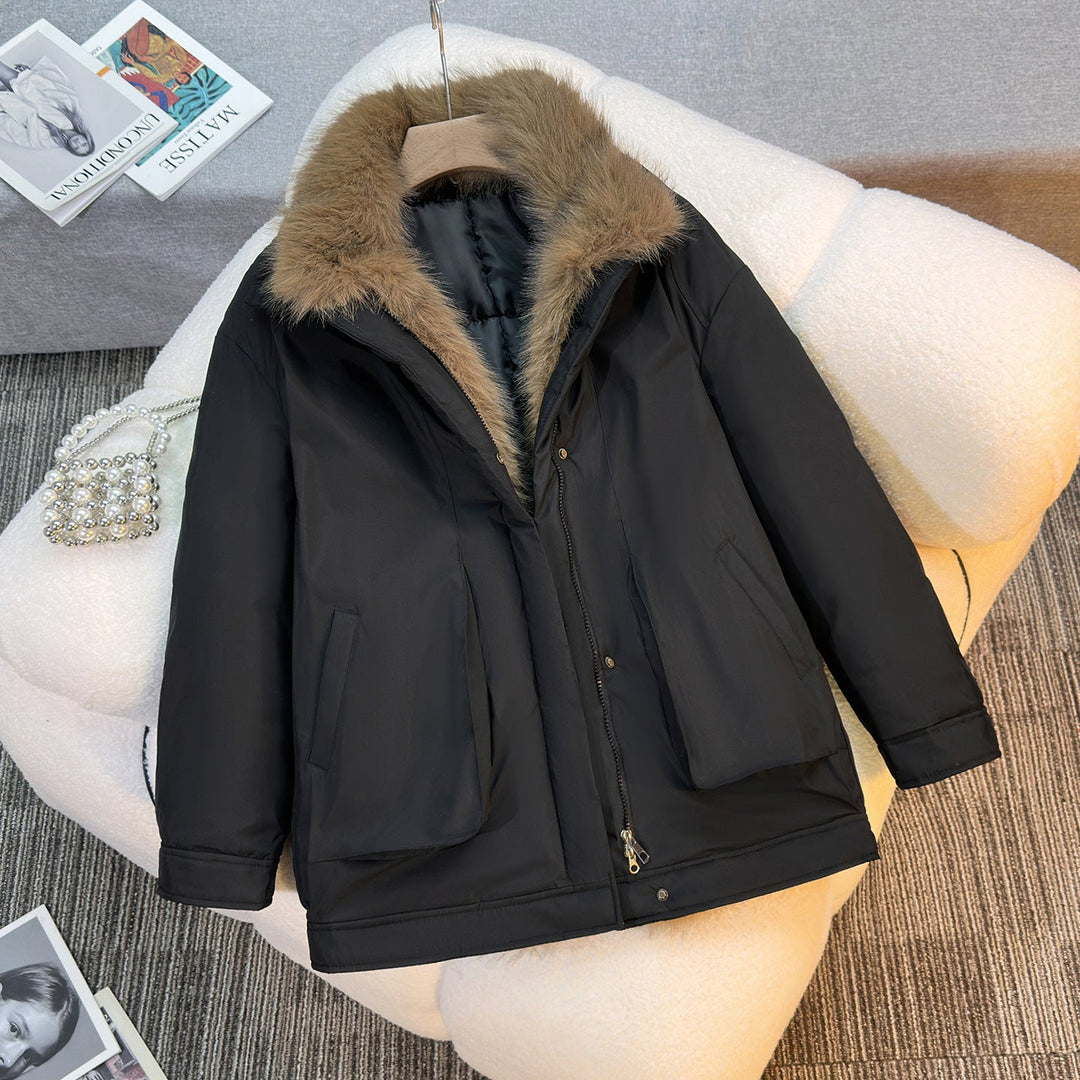 Damen mittellanger Winterparka mit abnehmbarem Kunstfellkragen
