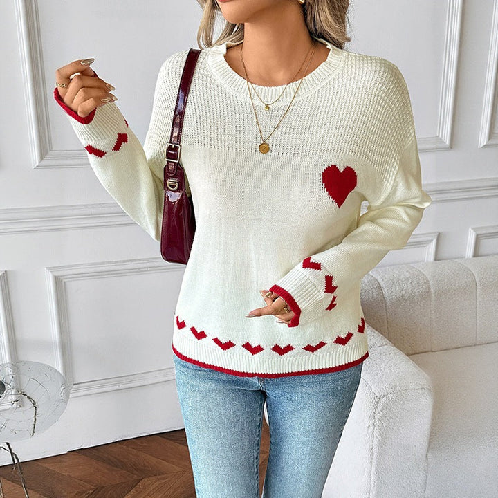Pull pour femme à col rond, motifs de cœurs intarsia et poignets côtelés