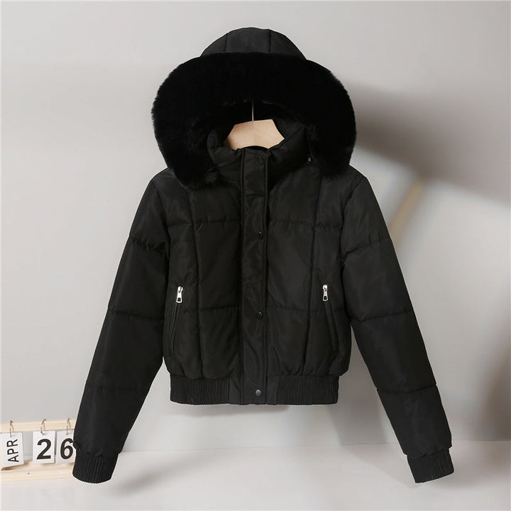Damen kurzer isolierender Kapuzenblouson mit Pelzkragenblende und elastischem Rippsaum