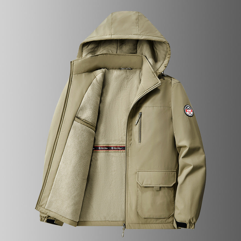 Herren gefütterte Softshell-Winterjacke mit Kapuze und multifunktionalen Taschen