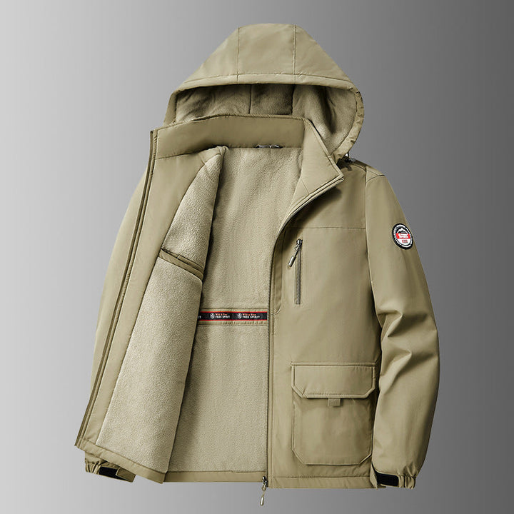 Herren gefütterte Softshell-Winterjacke mit Kapuze und multifunktionalen Taschen